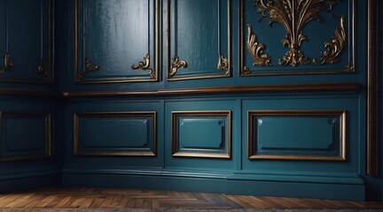 Close up of vintage classic blue wall panel molding and shiny wooden floor from Generative AI