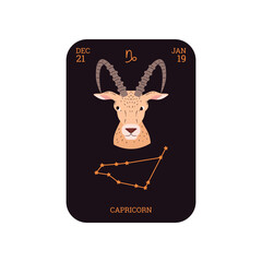 Dark card with Capricorn zodiac sign flat style, vector illustration