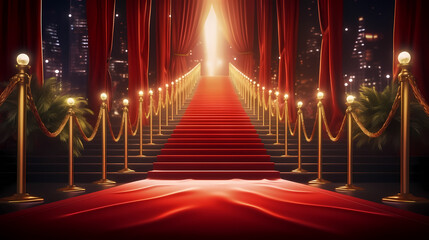 Red carpet staircase with smoke and spotlights, holiday awards ceremony event