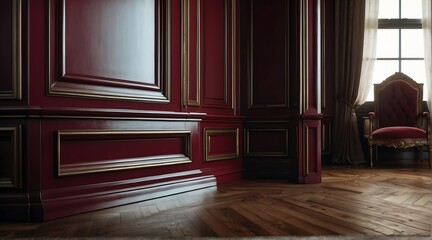 Close up of vintage classic burgundy red wall panel molding and shiny wooden floor from Generative AI