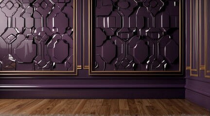 Close up of vintage classic purple wall panel molding and shiny wooden floor from Generative AI