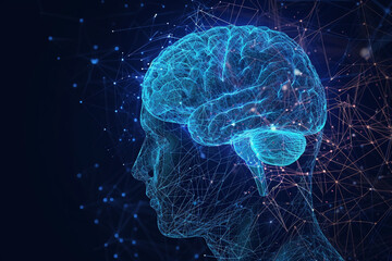 Digital illustration of a human head with a brain.