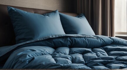 Folded blue duvet comforter on a bed with pillows from Generative AI