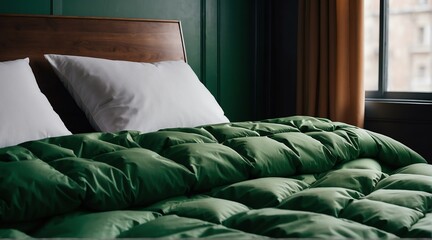 Folded green duvet comforter on a bed with pillows from Generative AI