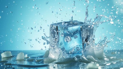 Clear water splash in form of cube. Transparent liquid on blue background