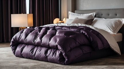 Folded purple duvet comforter on a bed with pillows from Generative AI