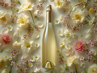 A bottle of sparking of champagne  in flowers, on a yellow  background in pastel colors. Top view with a meta for text. Advertising photo