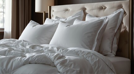 Folded white duvet comforter on a bed with pillows from Generative AI