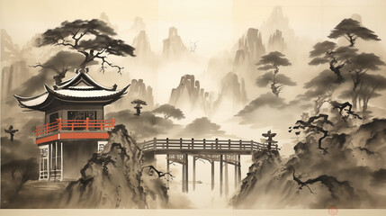 Ancient Japanese Temple Scroll Semi-E Sepia Tone