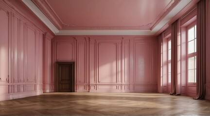 Modern symmetrical classic pink empty interior with wall panels molding and shiny wooden floor from Generative AI