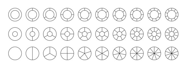 Pie chart circle outline template PNG. Diagram structure divided from 1 to 12 into pieces. Segmented circles set isolated.