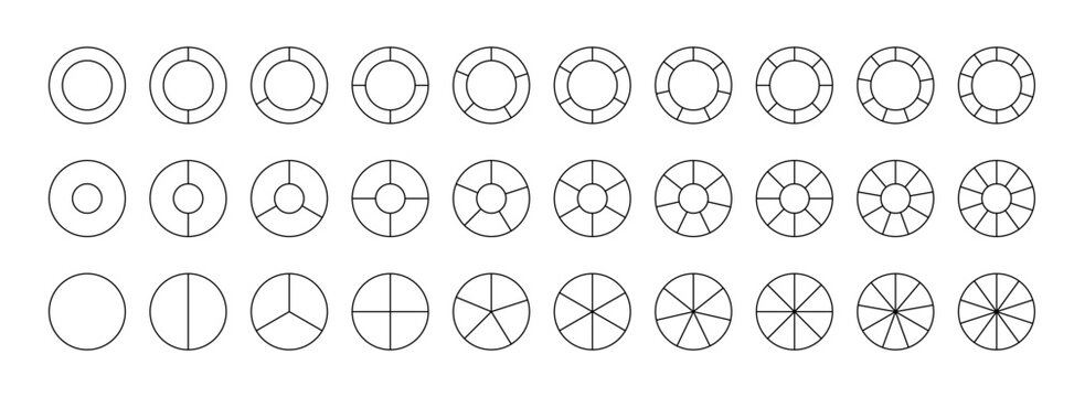 Pie chart circle outline template PNG. Diagram structure divided from 1 to 12 into pieces. Segmented circles set isolated.