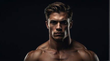 Fototapeta na wymiar Portrait of a muscled toned handsome young male model on plain black background from Generative AI