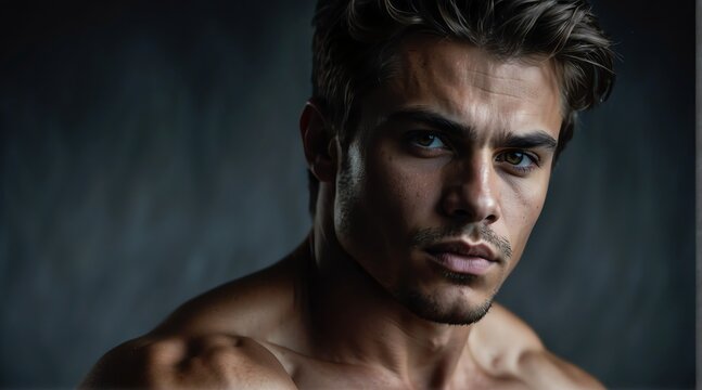 Portrait of a muscled toned handsome young male model on plain black background 8 from Generative AI