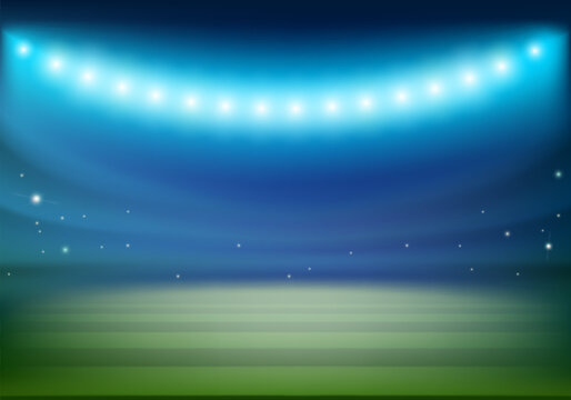 Stadium, soccer field is illuminated by floodlights. Stock vector illustration.