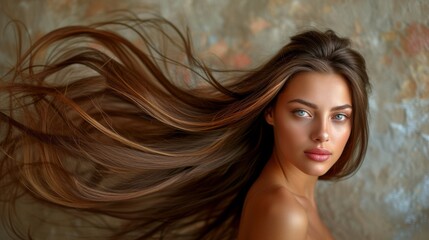portrait of a beautiful young woman with long brown hair flowing in the wind