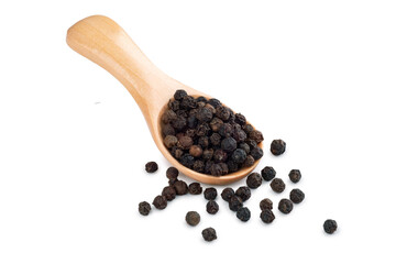 Wooden spoon with black pepper and peppercorns isolated on a white background. Spices for cooking,...