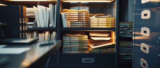 An orderly archive filled with folders and files, lit by a soft glow