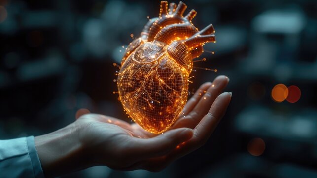 a doctor's hand holding a holographic human heart with pulsating ECG lines, in a modern medical research facility