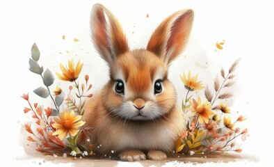 an illustration shows a super cute rabbit in wood, in the style of watercolored cartoon, boho, white background