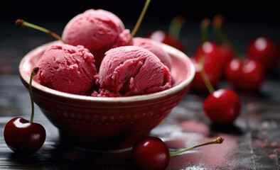 cherry sorbet ice in a bowl with cherry decorations