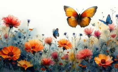 Fototapeta premium a field of wildflowers that attract butterflies, adding a bit of whimsy with watercolor butterflies fluttering among the flowers.