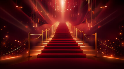Red carpet staircase with smoke and spotlights, holiday awards ceremony event