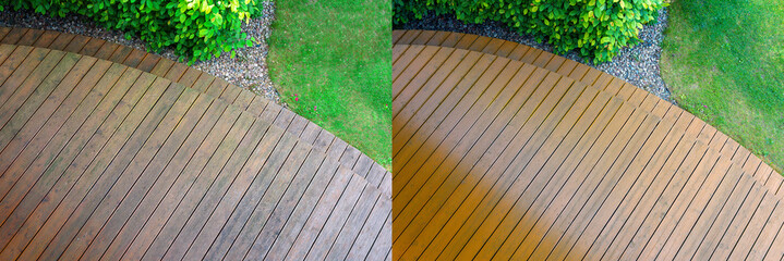 cleaning a wooden terrace with a high-pressure washer - BEFORE and AFTER cleaning and oiling wooden surfaces - 723917738