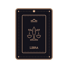 Libra zodiac sign, Horoscope black card with zodiac symbol in line art style, Astrology zodiac card flat outline design