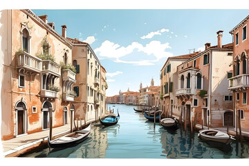 Aesthetic Italy Venice landscape illustration or cartoon - obrazy, fototapety, plakaty