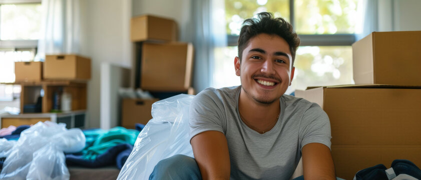A young man smiling among moving boxes, capturing the excitement of a new home