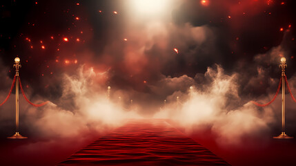 Red carpet staircase with smoke and spotlights, holiday awards ceremony event - obrazy, fototapety, plakaty