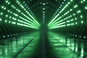 Generative AI illustration of abstract background of dark tunnel with glowing green lights in rows