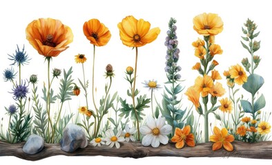 watercolor arrangement with a variety of wildflowers found in a meadow, including daisies, poppies, and cornflowers