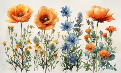 watercolor arrangement with a variety of wildflowers found in a meadow, including daisies, poppies, and cornflowers