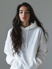 A woman with a hoodie and long loose hair is staring blankly down at the camera. Realistic 3d mockup of a white hoodie isolated in a grey room. Created with Generative AI.