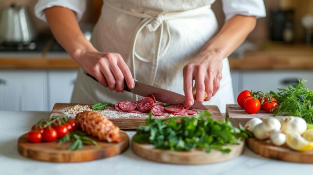 Caucasian female chef chopping salami
