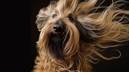 Naklejka premium A dog with long hair blowing in the wind in style of fashion editorial. Dog coat on dark background.