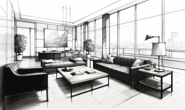 A black and white drawing of a living room