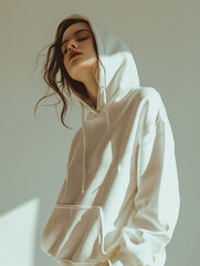 A female model posing looking at the camera with her hair coming out of the hoodie. Realistic 3d mockup of a cream-coloured hoodie isolated on a grey background. Created with Generative AI.