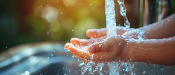 Fototapeta premium Hands catching clean water, signifying hygiene and the preciousness of resources