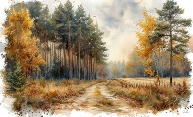 watercolor a beautiful green pine forest on the left