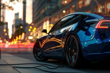 Generative AI illustration of side view of blue luxury electric automobile with glossy surface charging on city street in sunset