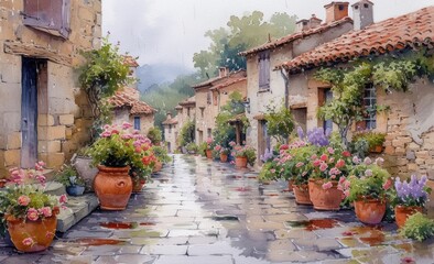 Fototapeta na wymiar Watercolor, streets of French village on a rainy evening