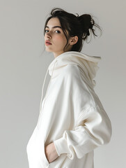 A female model with long hair tied up in a hoodie poses facing sideways and looking at the camera. Cream-colored realistic hoodie 3d mockup isolated on a grey background. Created with Generative AI.