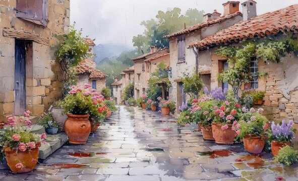 Fototapeta Watercolor, streets of French village on a rainy evening