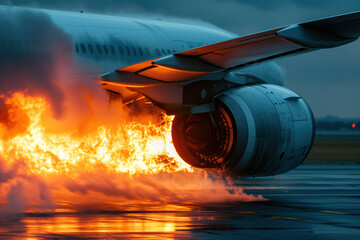 Aircraft made an emergency landing on runway with a damaged engine that started burning AI Generation - obrazy, fototapety, plakaty