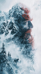 Generative AI image of double exposure red bearded man, winter wasteland, snow, vast mountains, wolves, snow forest trees, its all in your mind