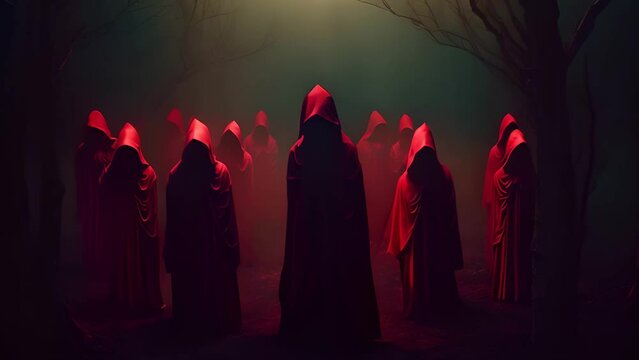 Group of mystery people in a red hooded cloaks in the forest