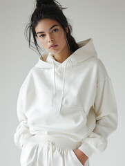 A charming woman with black hair tied up wearing a hoodie, a realistic hoodie 3d mockup in white isolated in a grey room. Created with Generative AI.